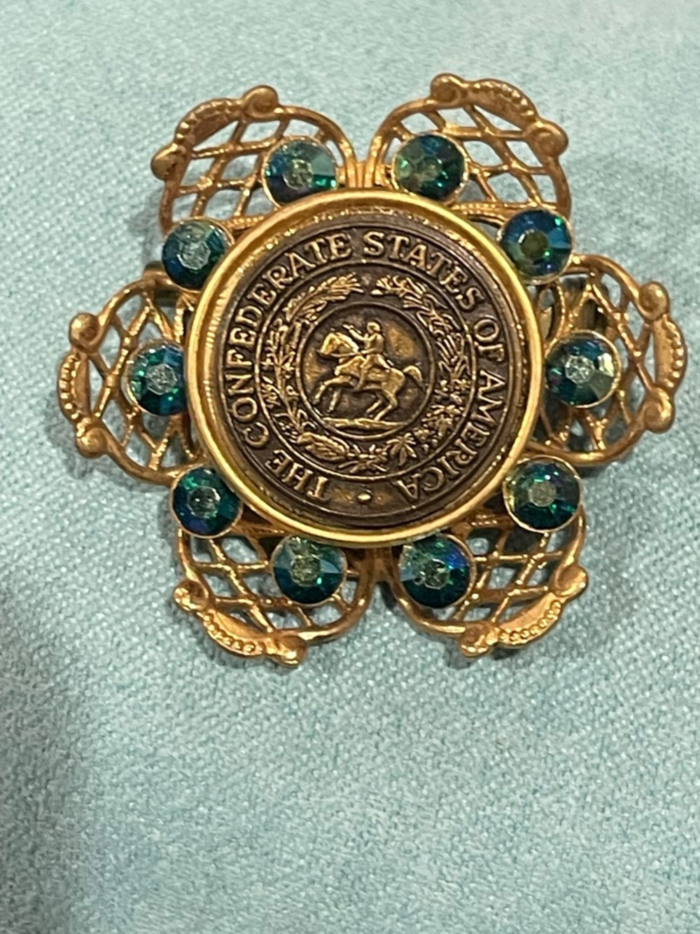Gold-Tone Medallion Flower Brooch with Teal Stones